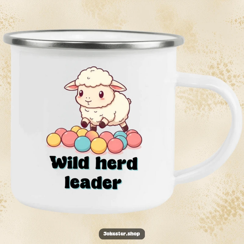 Funny sheep comically attempting to herd tiny bouncy balls, on a durable camping mug for rugged, humorous enjoyment.