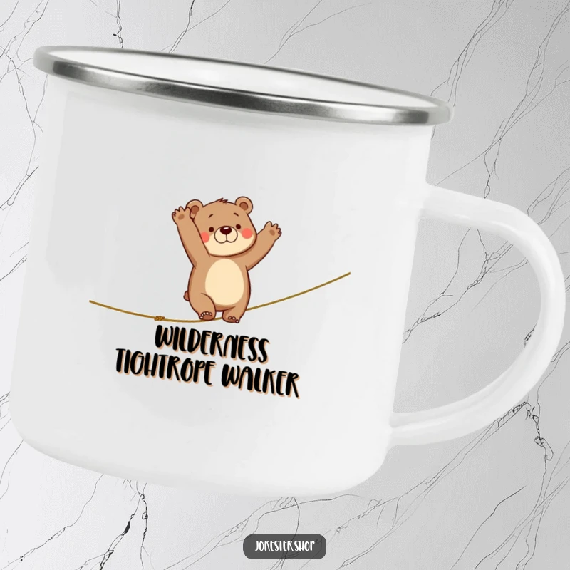 Funny camping mug illustration of a bear falling from a tightrope, its arms flailing, adding a touch of humor to outdoor escapades.