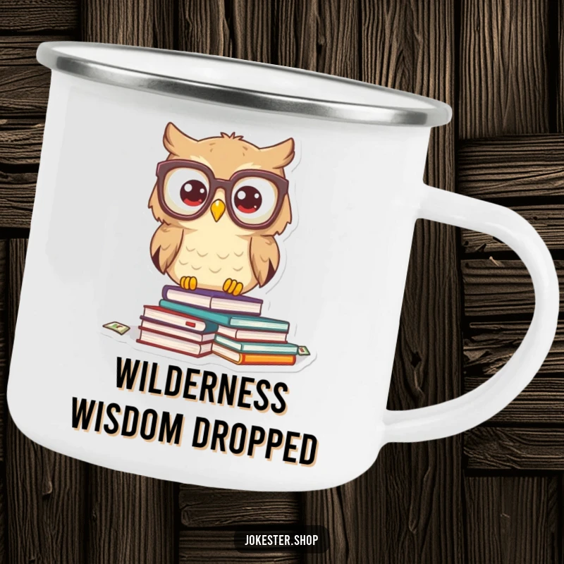Funny owl character with huge glasses, books flying around it during a camping trip. A durable and funny enamel mug.