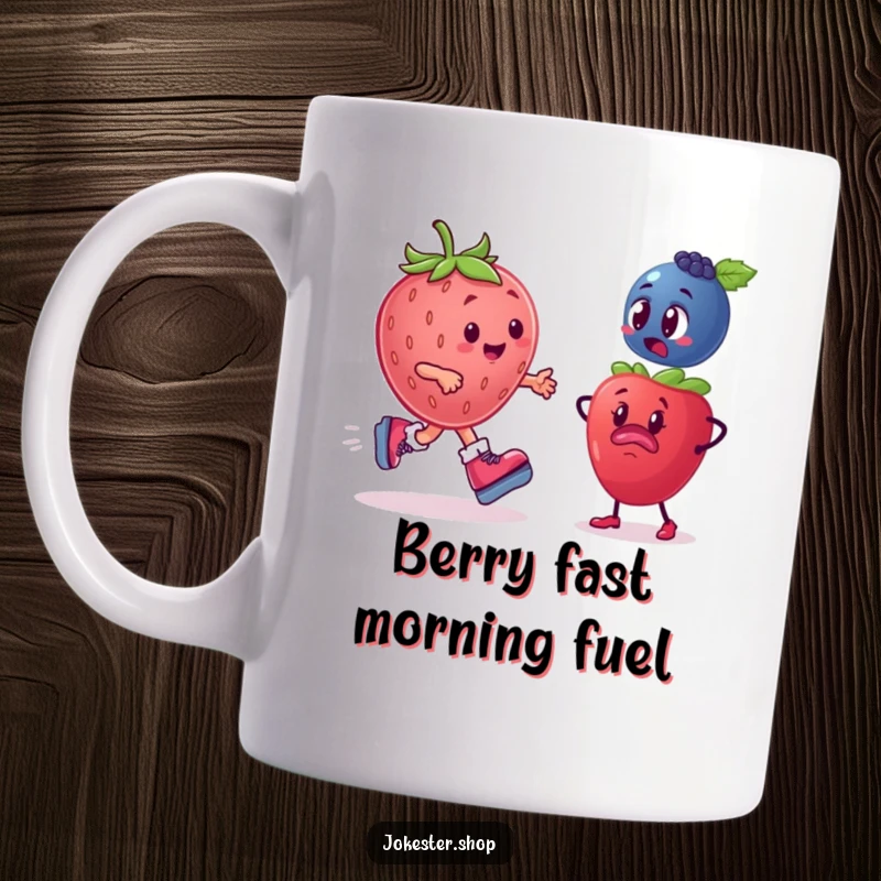 Funny Fruit Mug: A plump strawberry on roller skates zooms past a surprised and bewildered blueberry, showcasing a funny fruit race.