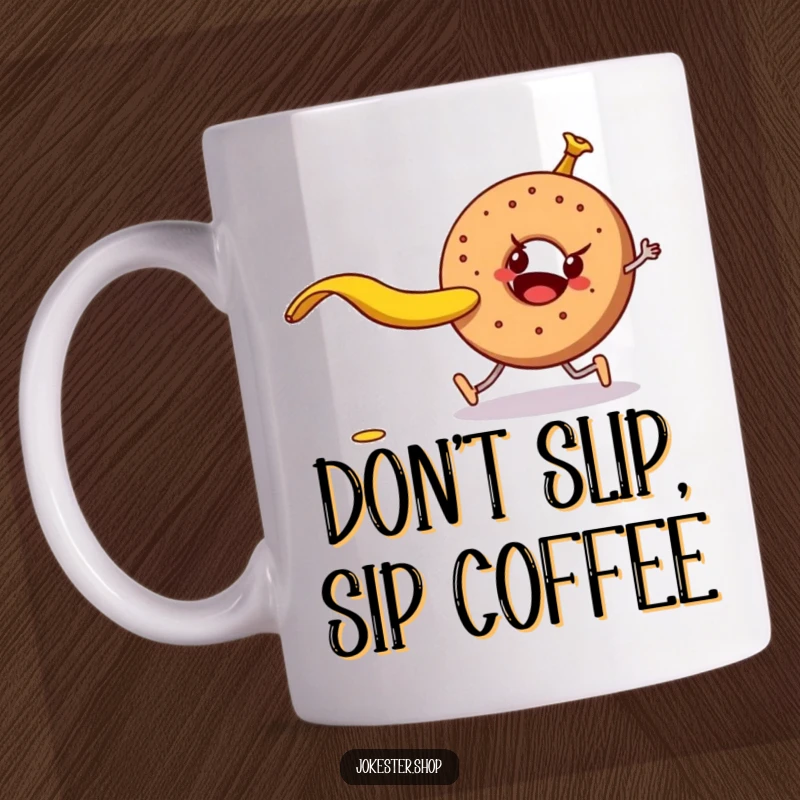 Funny mischievous banana peel about to trip a walking bagel, depicted on a humorous mug, a comical kitchen accessory.