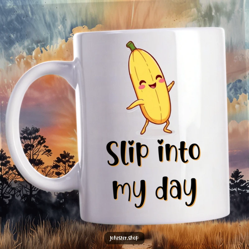 Funny smiling banana peel with legs, hilariously slipping on itself, on a mug, a classic gag gift.