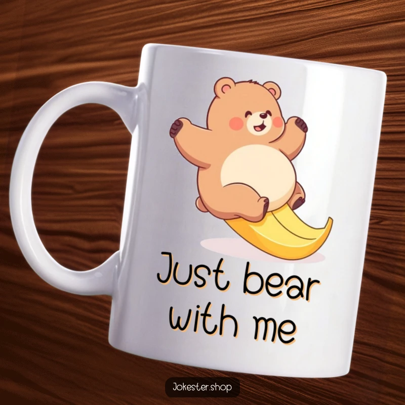 Funny bear mug depicting a plump bear sliding on a slippery banana peel, capturing a moment of comical struggle.
