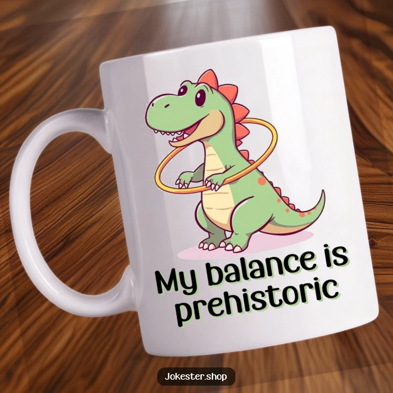 Funny mug showing a clumsy dinosaur hilariously failing at hula hooping, tumbling down in a fit of giggles.