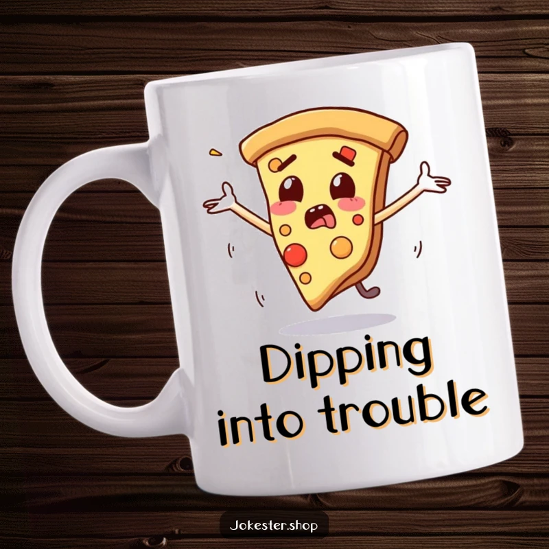 Funny mug depicting a startled slice of pizza with wide eyes and flailing arms, depicted mid-slide on a slippery surface.