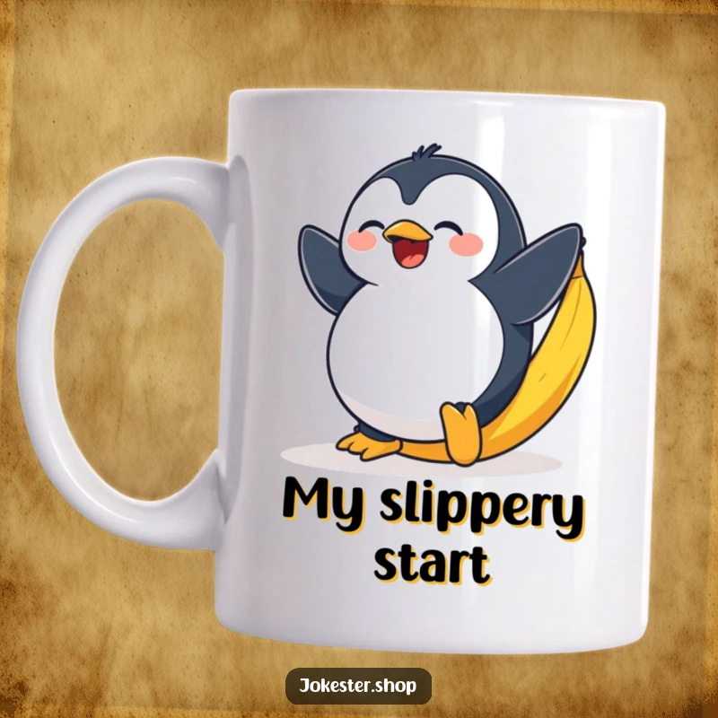 Funny mug showing a plump penguin comically slipping and falling dramatically on a bright yellow banana peel.