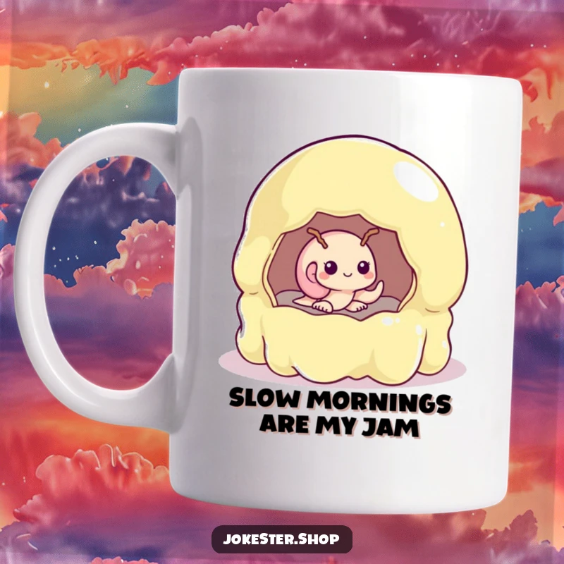 Funny snail peeking shyly from a giant, wobbly jelly mold on a ceramic mug, capturing awkward charm.