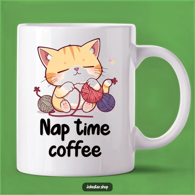 Funny Sleepy Cat Juggling Mug: Yarn Nap Humor, Perfect Gift Idea