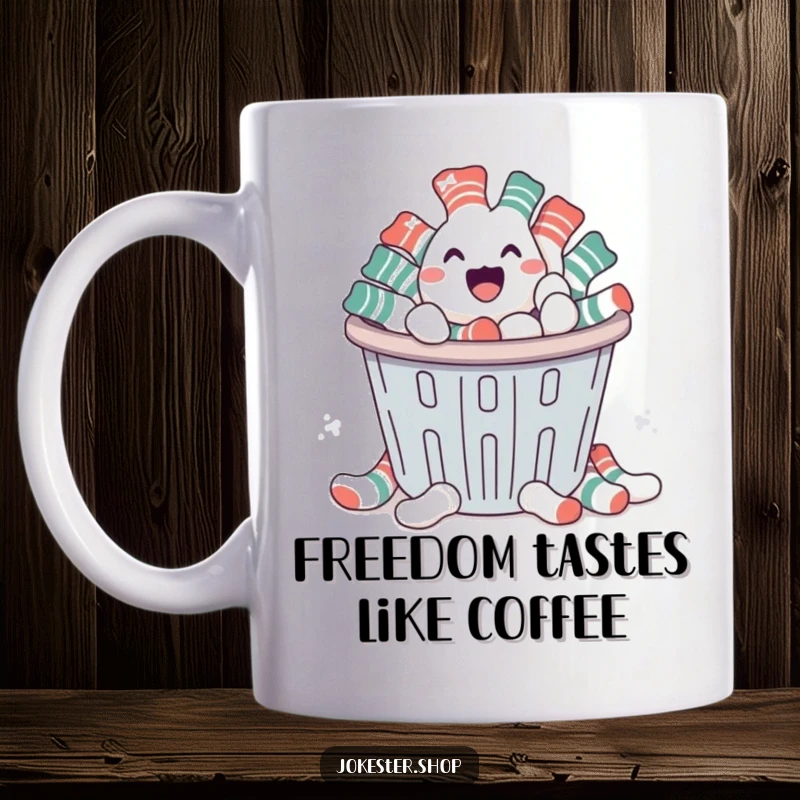 Funny mug featuring a happy pile of socks joyfully escaping a laundry basket, symbolizing laundry day mischief and a good laugh.