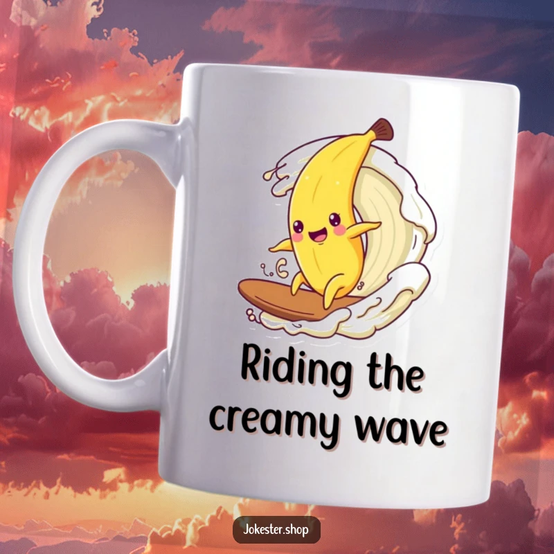 Funny mug showing a happy banana character attempting to surf on a cresting wave of cream.
