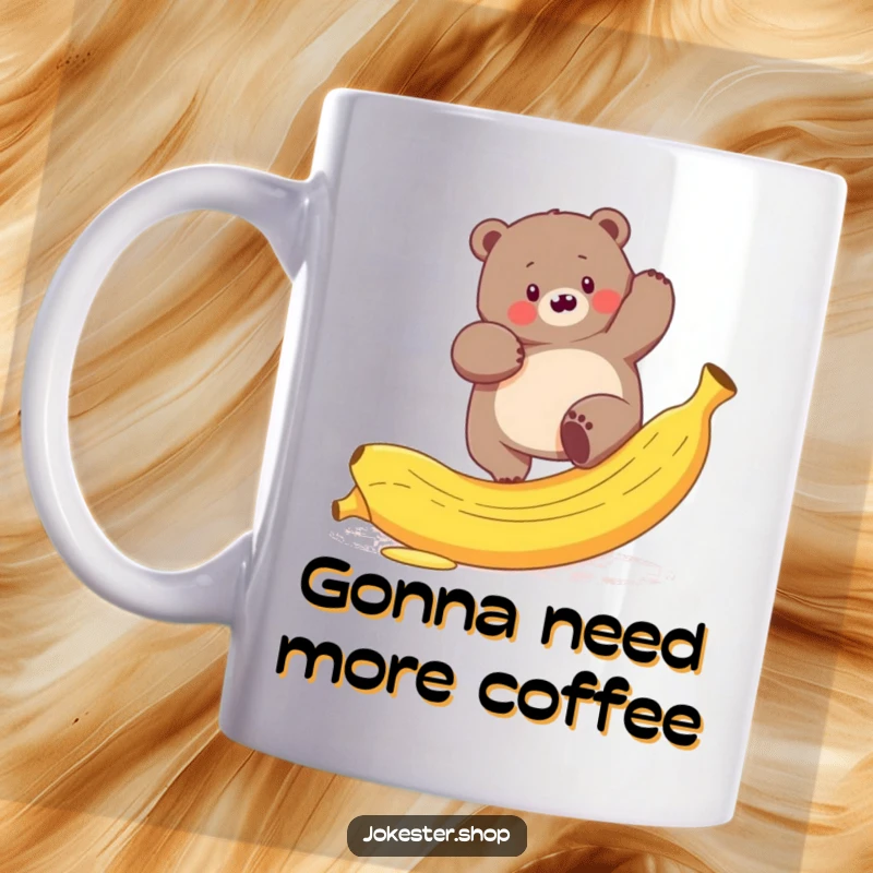 Funny plump bear comically trying to climb a slippery banana peel on a mug, symbolizing an epic fail.