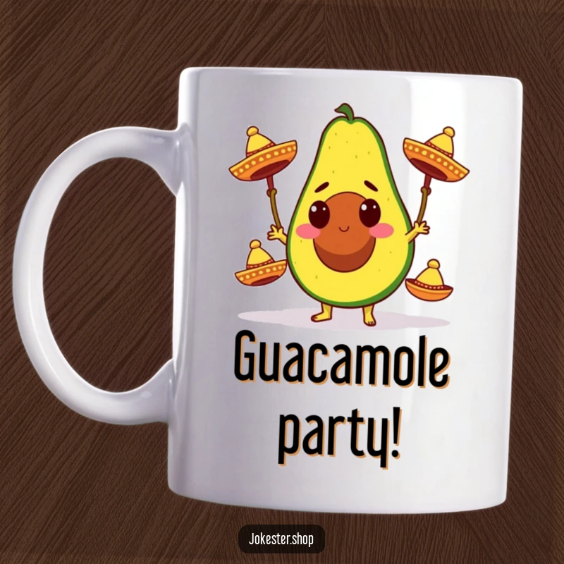 Funny mug with a determined avocado character energetically juggling three small colorful sombreros, radiating fiesta vibes.