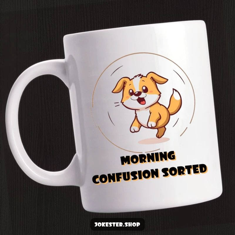 Funny dog spinning in a dizzy spiral while chasing its tail, conveying playful bewilderment on a mug.