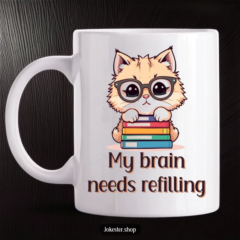 Funny cat wearing big glasses precariously balancing a tall stack of books, representing a stressed student or academic.