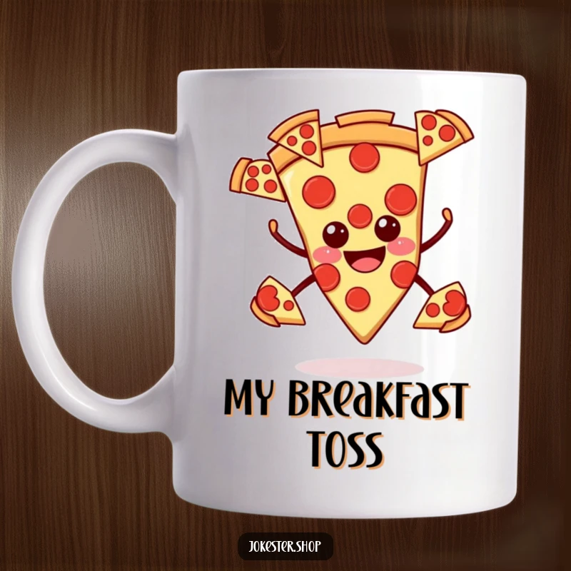 Funny pizza mug, smiling slice juggling pepperoni slices, a humorous and delicious design for food enthusiasts.