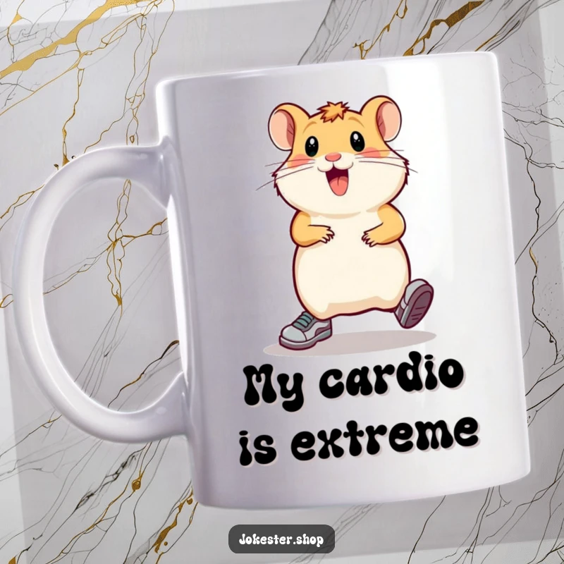 Funny hamster wearing tiny running shoes, comically sprinting in place, radiating pure joy and energetic humor on this mug.