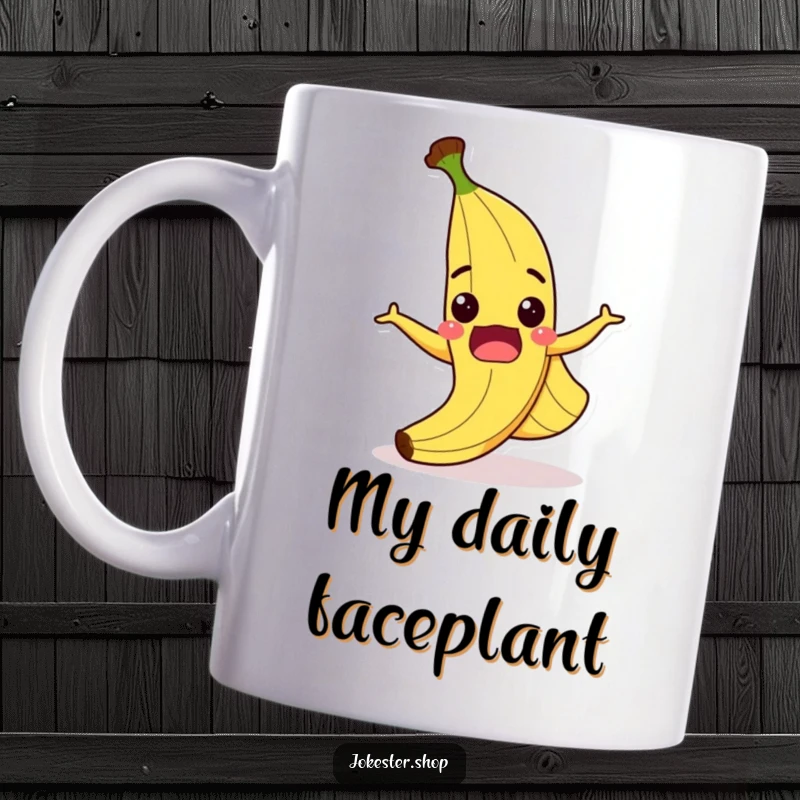 Funny mug featuring a surprised cartoon banana peel with a wide grin, comically slipping on itself, perfect for a laugh.