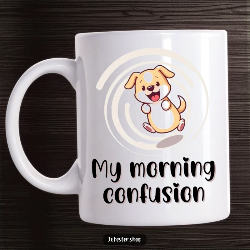 Funny dog mug, bewildered dog chasing its tail in a dizzying spiral, a humorous and relatable design for pet owners.