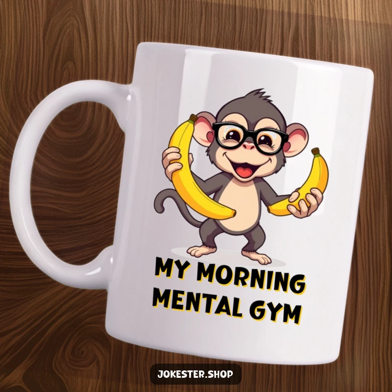 Funny mug showing a mischievous monkey in glasses, skillfully juggling several oversized, bright yellow bananas with a comical expression.