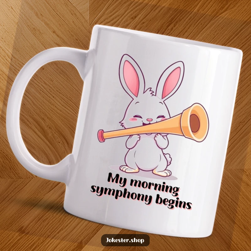 Funny rabbit character enthusiastically playing a comically oversized kazoo, creating musical merriment. A delightful mug for humor lovers.