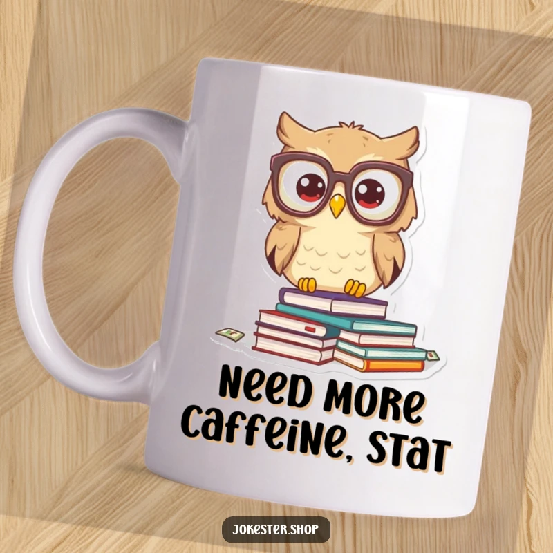 Funny owl character with huge glasses, startled and dropping many books. A relatable and funny mug for book lovers.