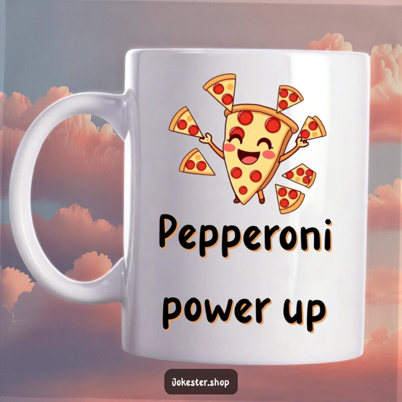 Funny smiling slice of pizza skillfully juggling multiple pepperoni slices on a mug, celebrating pizza perfection.