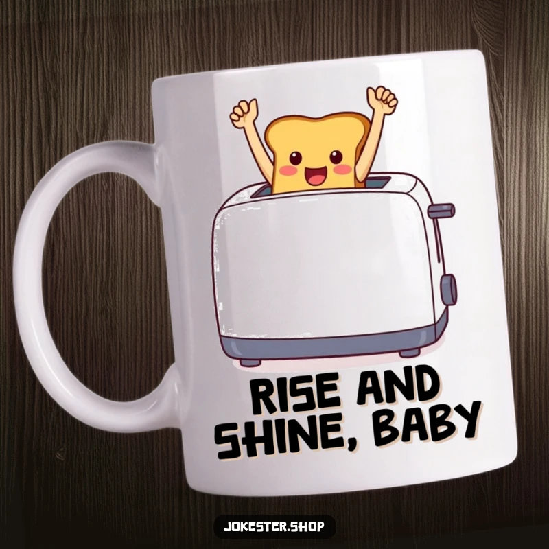 Funny cheerful toast jumping triumphantly from a toaster, arms in the air, on a coffee mug.