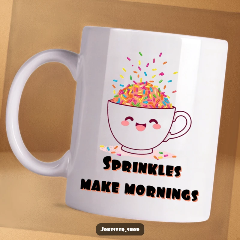 Funny cheerful teacup overflowing with colorful, dancing sprinkles, symbolizing joy and sweet moments on a mug.