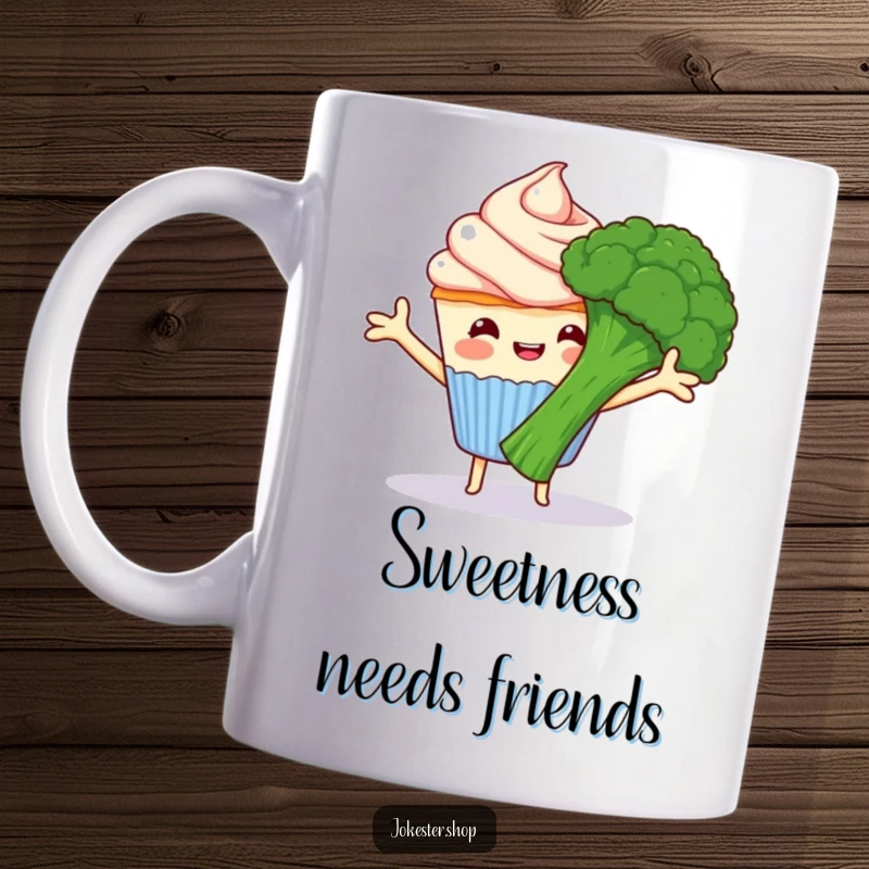 Funny happy cupcake with frosting arms hugging grumpy broccoli, cartoon characters in a humorous embrace, ideal for a funny gift.