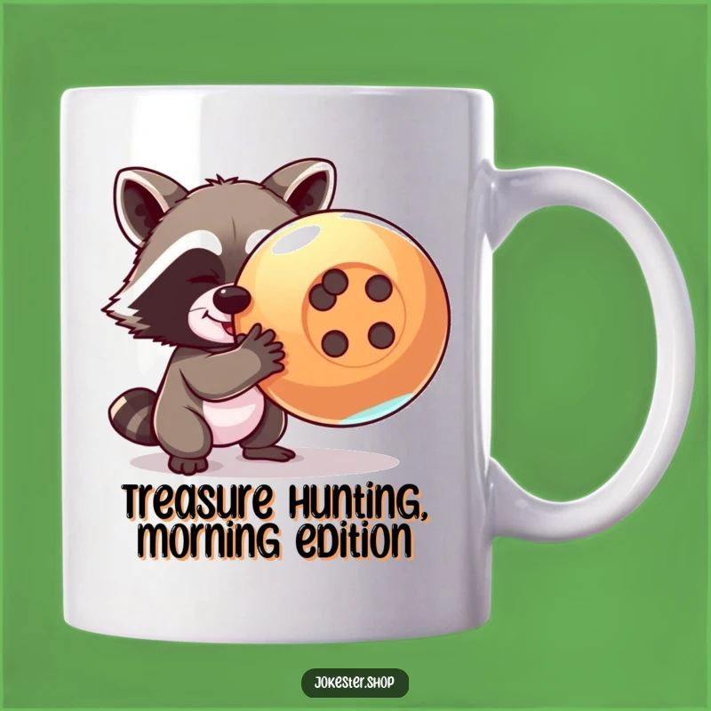 Funny Raccoon Mug: Shiny Button Heist Humor, Perfect Novelty Gift!