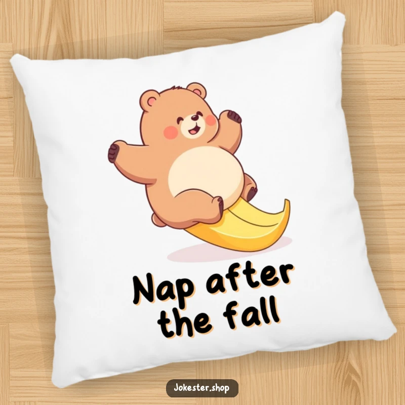 Funny bear banana slip pillow, soft and comfortable, depicting a plump bear's comical struggle on a slippery banana peel.