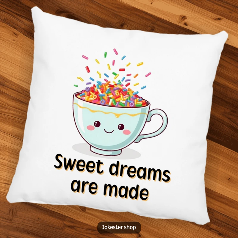 Funny sprinkle teacup pillow, soft and comfortable, decorated with a cheerful overflowing cup of dancing bright sprinkles.