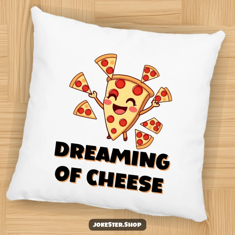 Funny pillow with a smiling pizza slice juggling pepperoni, a cozy and humorous piece of food decor.