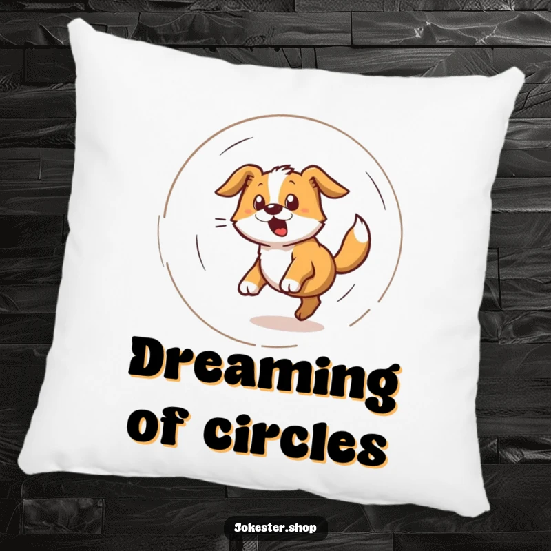 Funny pillow showcasing a bewildered dog spinning in a dizzy spiral while enthusiastically chasing its tail, a cute design.