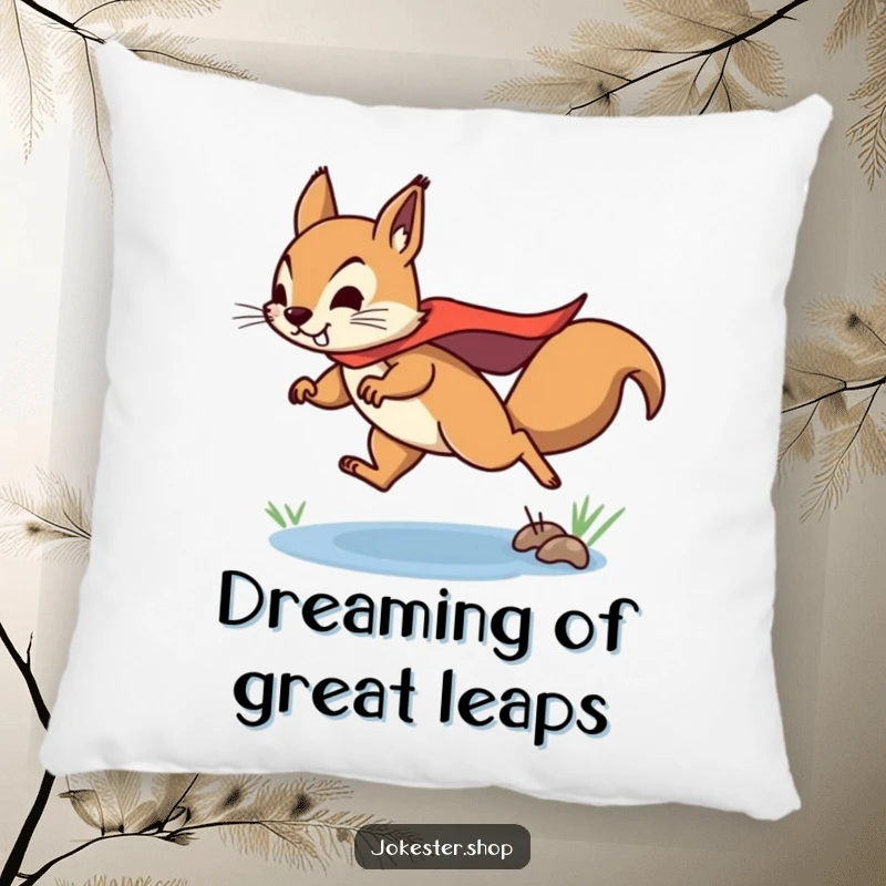 Funny squirrel pillow featuring a determined squirrel in a superhero cape, leaping over a puddle, perfect for cozying up.