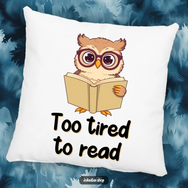 Funny owl wearing large spectacles, looking perplexed at a giant book, featured on a decorative pillow.