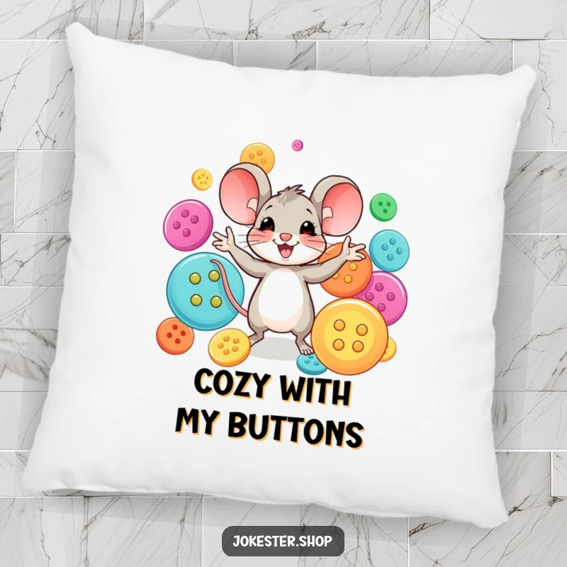 Funny mouse character happily juggling an assortment of large, vibrant buttons. A soft and funny pillow for cheerful comfort.