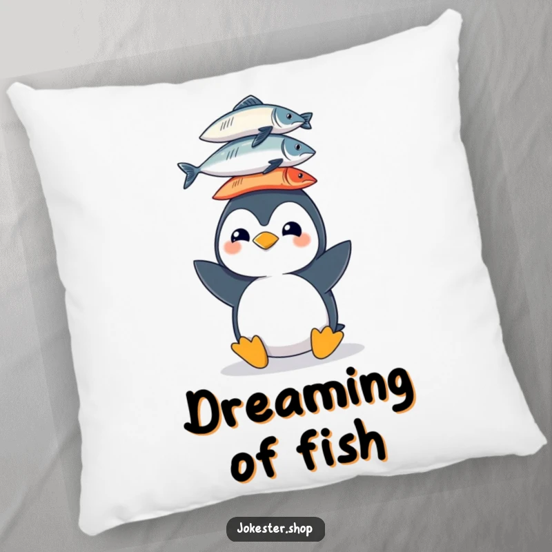 Funny pillow with a cheerful penguin character balancing a stack of fish on its head, providing comfort and a humorous touch.