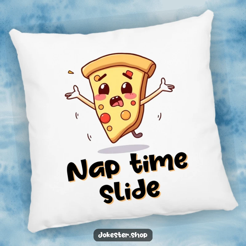 Funny pillow with a startled slice of pizza and flailing arms, depicted mid-slide, providing comfort and a humorous touch.