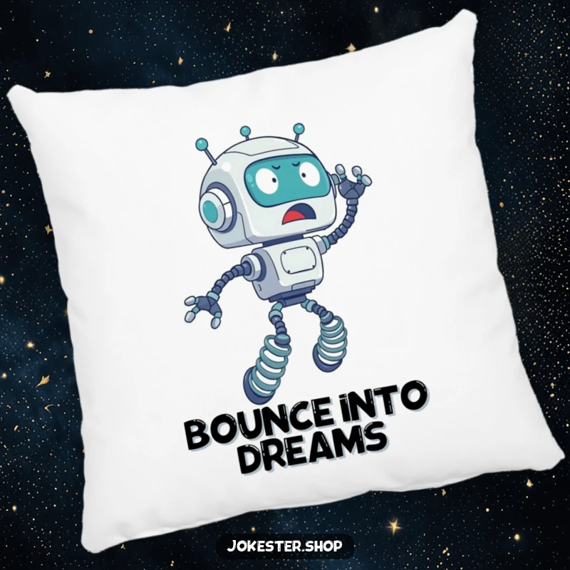 Funny pillow featuring a surprised robot with spring legs accidentally launching upwards, bringing mechanical humor and comfort.
