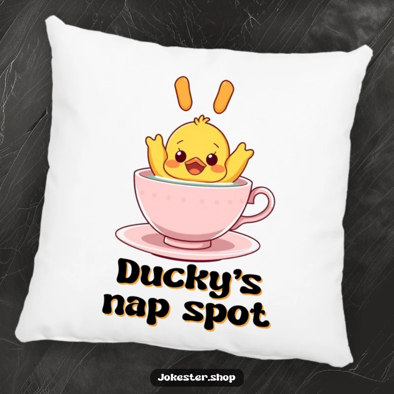 Funny Pillow: A soft cushion featuring a surprised rubber ducky floating upside down in a teacup, offering a humorous and comforting addition to any space.