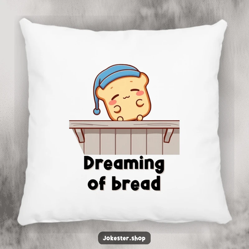 Funny sleepy bread loaf wearing a nightcap, falling off a shelf, a plush pillow featuring a comical sleeping character, great funny gift.