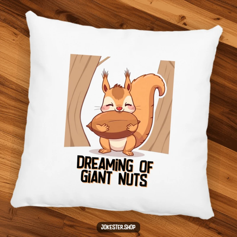 Funny pillow design of a squirrel precariously balancing a giant nut on its nose, a humorous and charming accent.