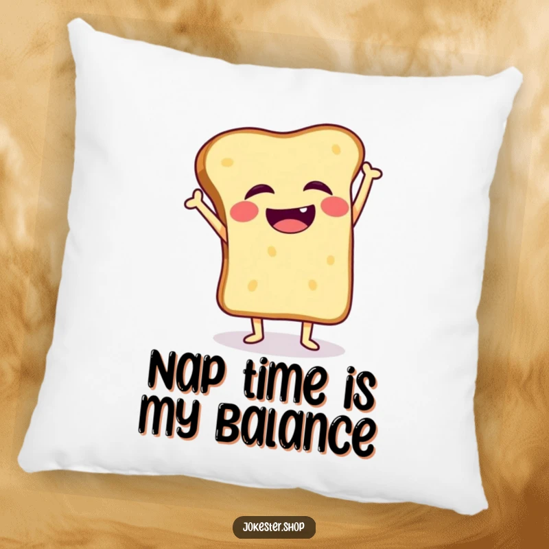 Funny pillow showcasing a giggling toast slice wobbling during a handstand, soft and huggable breakfast decor.