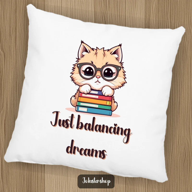 Funny pillow with a fluffy cat in glasses trying to balance many books, perfect for a reading nook.