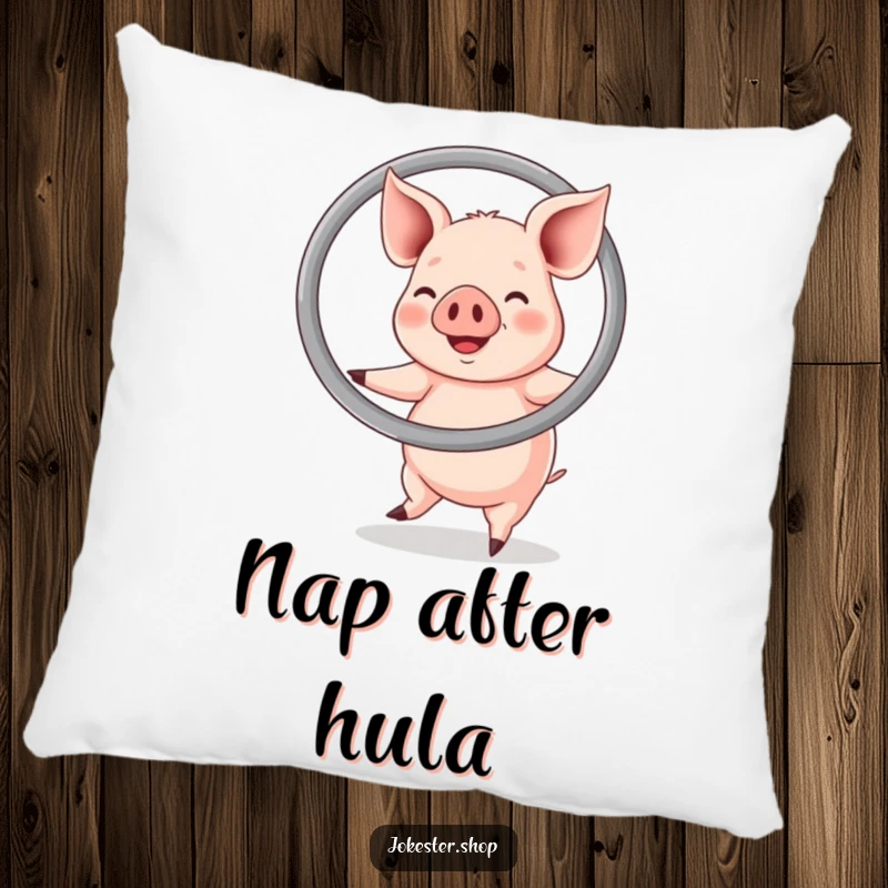 Funny pillow design of a happy pig energetically hula hooping with an oversized ring, a charming and humorous accent.