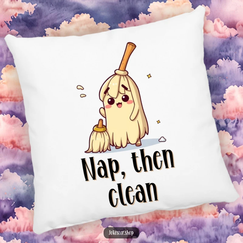Funny pillow with a bewildered broom hilariously trying to sweep itself clean, perfect for adding a touch of quirky comfort and humor to living spaces.