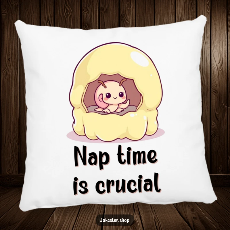 Funny snail shyly peeking from a huge, unstable jelly mold, designed on a soft decorative pillow.