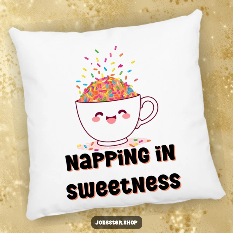 Funny pillow with a cheerful teacup overflowing with dancing sprinkles, a cozy and sweet decor item.