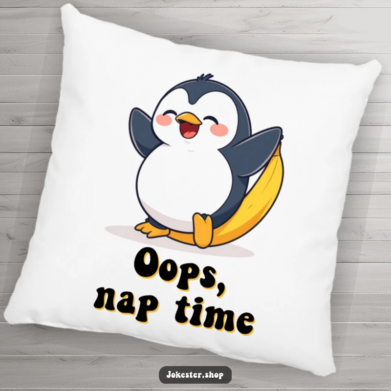 Funny decorative pillow featuring a plump penguin dramatically slipping on a yellow banana peel with surprise.